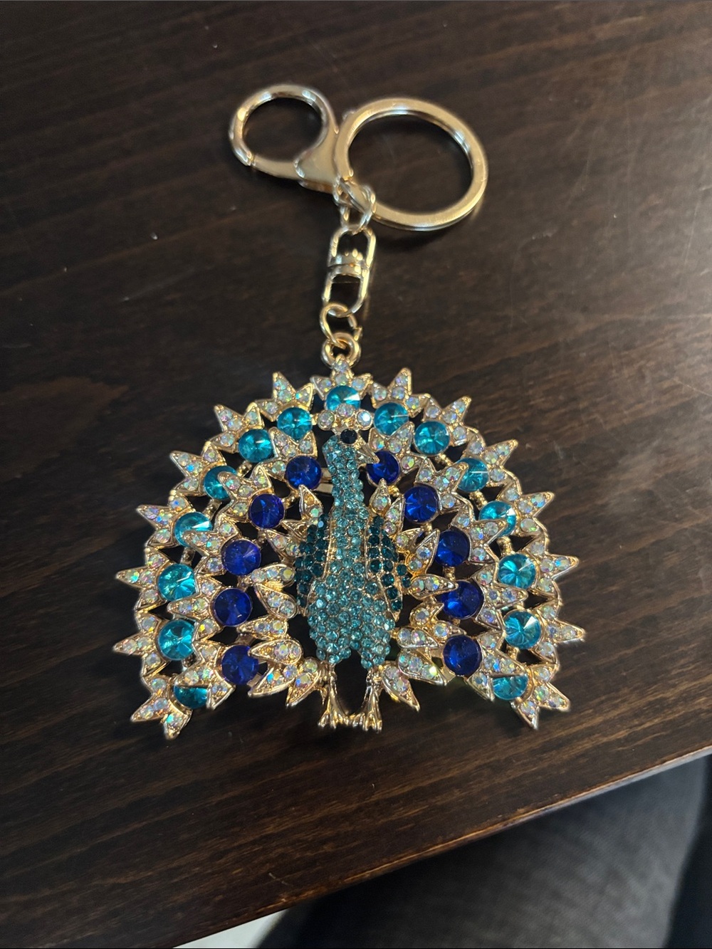 Sparkling  Gold and Blue Crystal Peacock Brooch Keychain - Women Jewelry